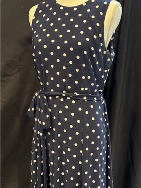 Ralph Lauren Navy and White Polka Dot Sleeveless Midi Dress with Tie Waist